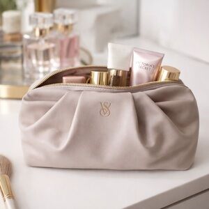 VS Ruched Cosmetic Bag Taupe Makeup Pouch Travel Case Luxury Look NWT